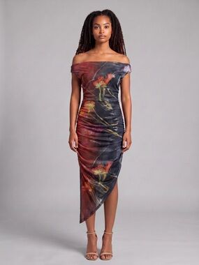 U+O Silece + Noise floral off the shoulder asymmetrical hem midi dress Sz small